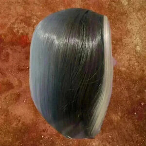 14 Inch Long Straight Black Synthetic Wig With Blonde Highlights.